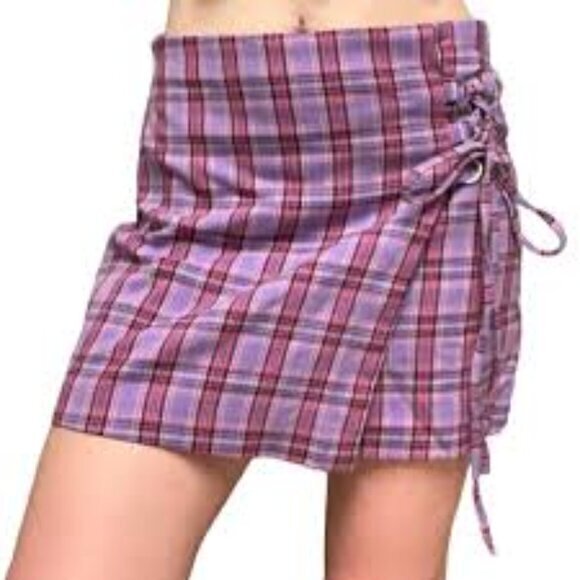 SO Lace Up Plaid Mini Skort L Purple/Pink - Picture 1 of 16